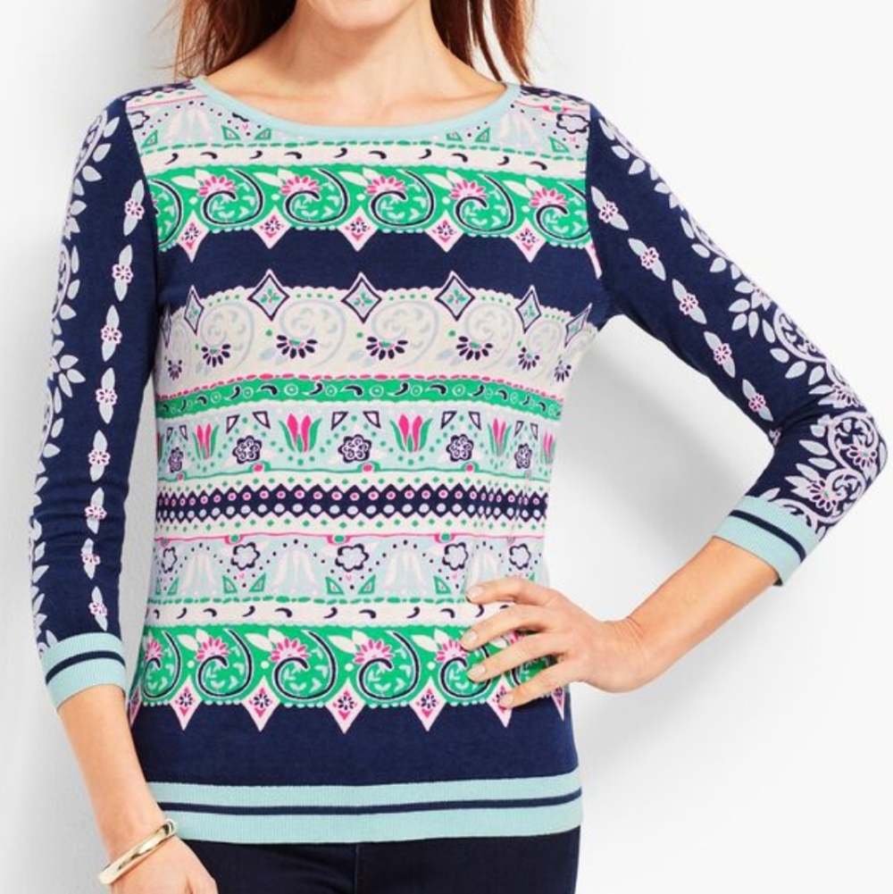Talbots Petite Small Pull Over Silk & Cotton Patterned Sweater 3/4 Sleeve Size P